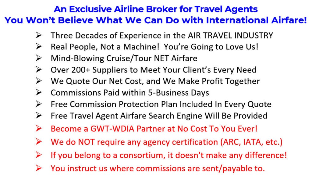 Text highlights an airline broker's benefits for travel agents, emphasizing experience, competitive commissions, and support services.